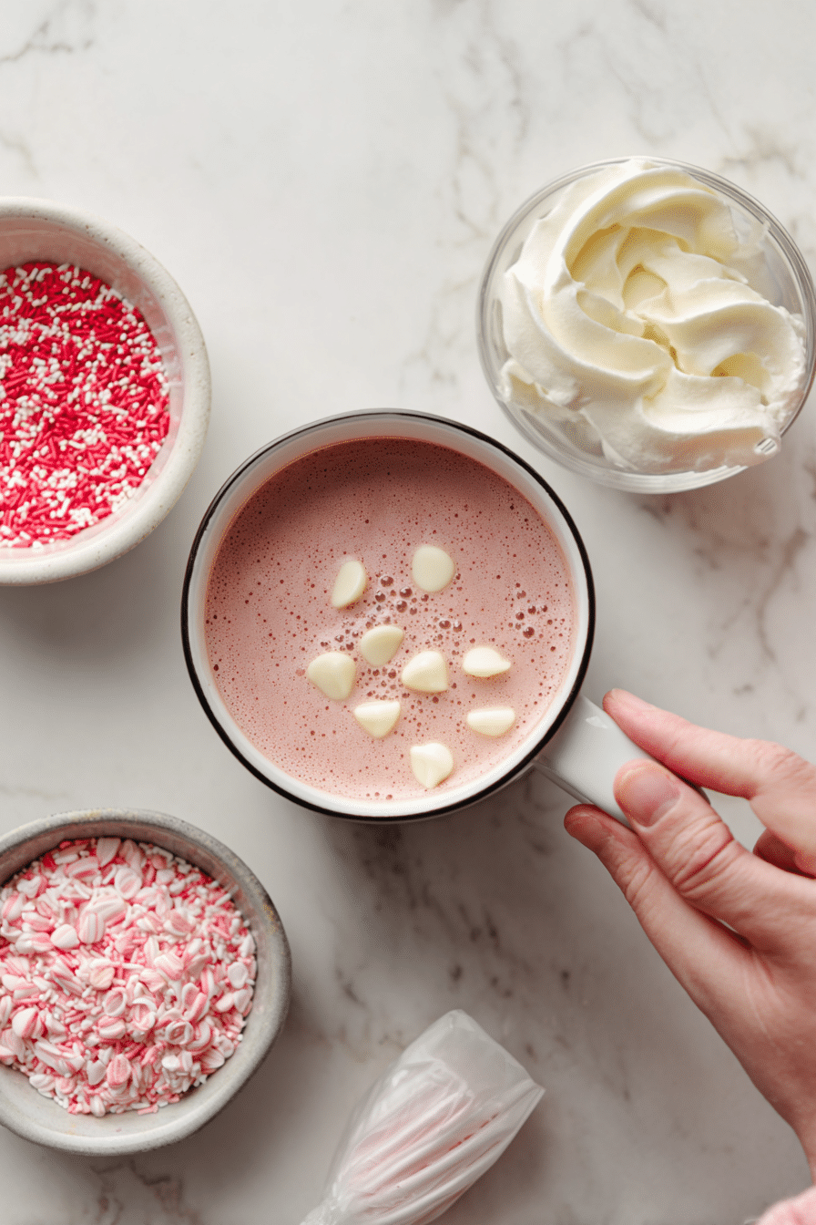 Romantic Hot Chocolate Drink with Whipped Cream & Sprinkles instructions process