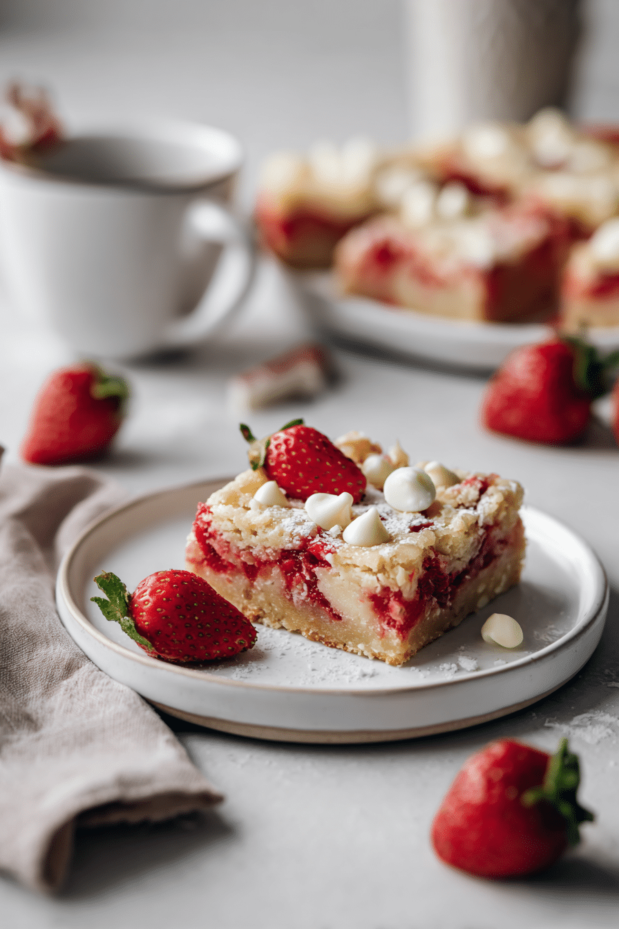 Strawberry White Chocolate Gooey Bars serving