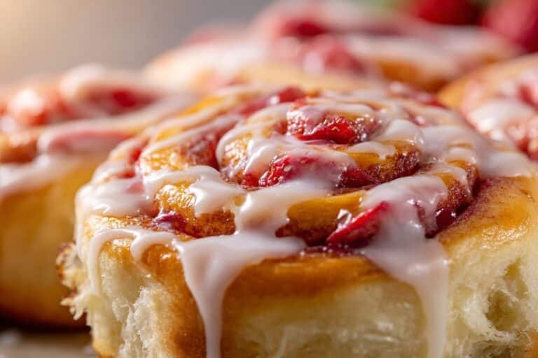 Strawberry Cinnamon Rolls with Creamy Glaze featured
