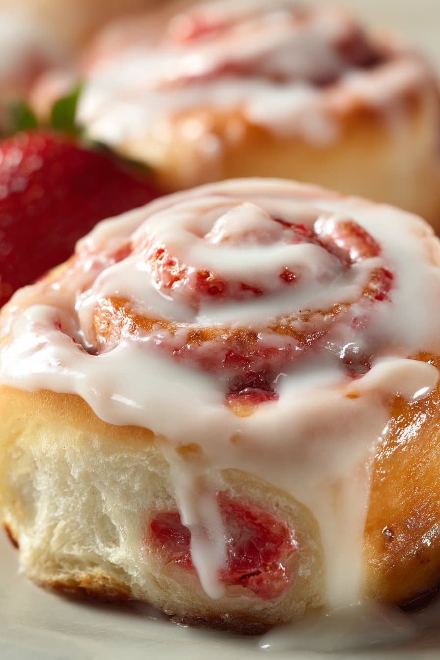 Strawberry Cinnamon Rolls with Creamy Glaze serving