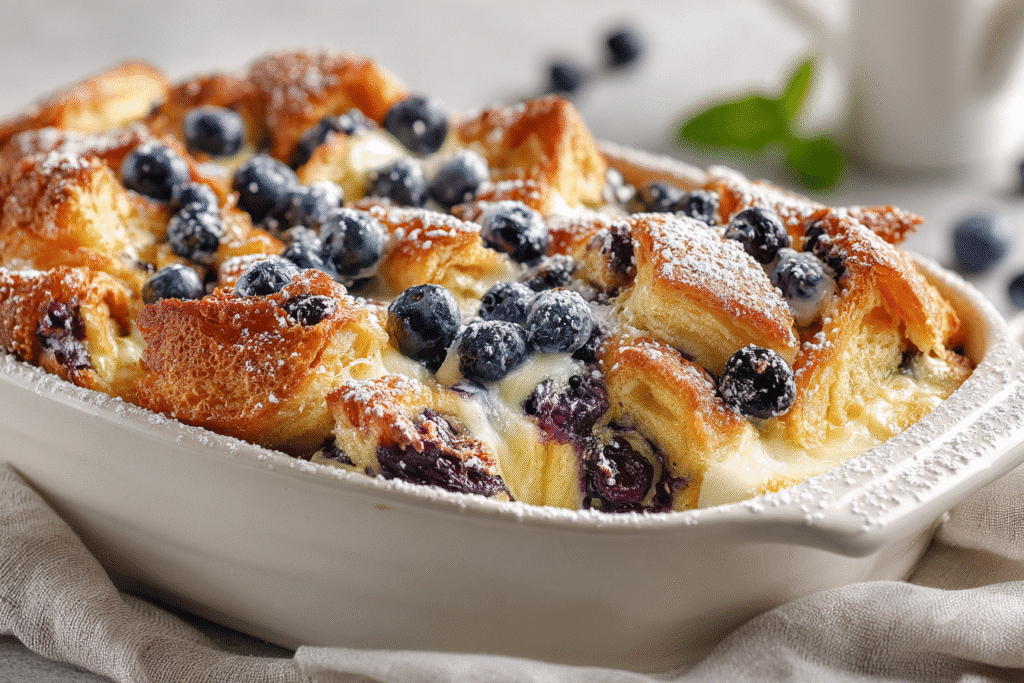 Blueberry Cream Cheese Croissant Casserole featured