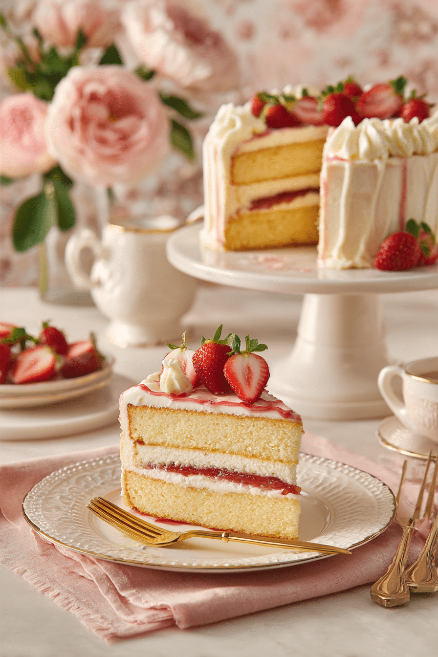 Irresistible Romantic Vanilla Layer Cake with Fresh Strawberry Filling serving