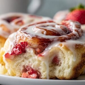 Strawberry Cinnamon Rolls with Creamy Glaze recipe card
