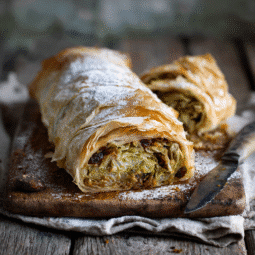 Sweet Cabbage Strudel with Raisins and Brown Sugar recipe card