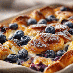 Blueberry Cream Cheese Croissant Casserole recipe card