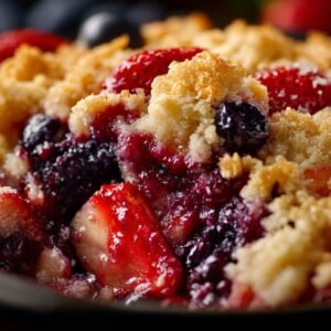 Juicy Triple Berry Dump Cake recipe card
