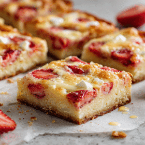 Strawberry White Chocolate Gooey Bars recipe card