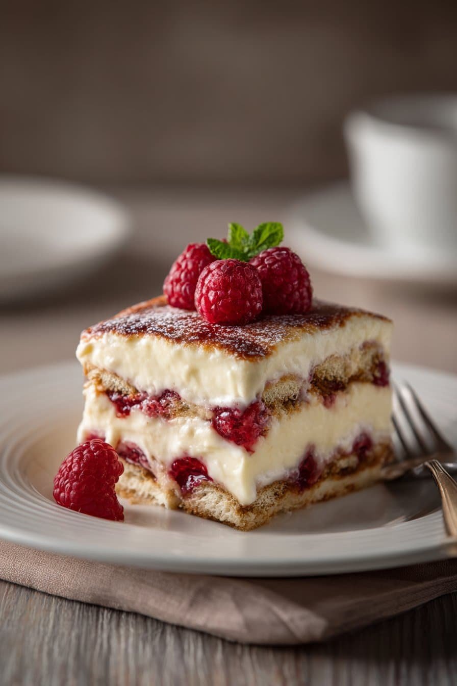 White Chocolate Raspberry Tiramisu serving