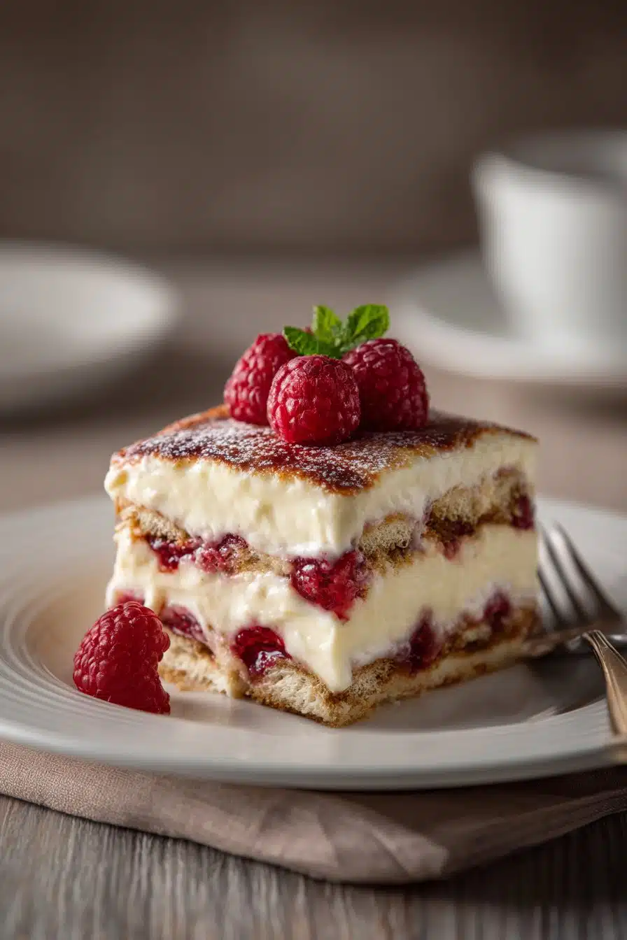 White Chocolate Raspberry Tiramisu serving