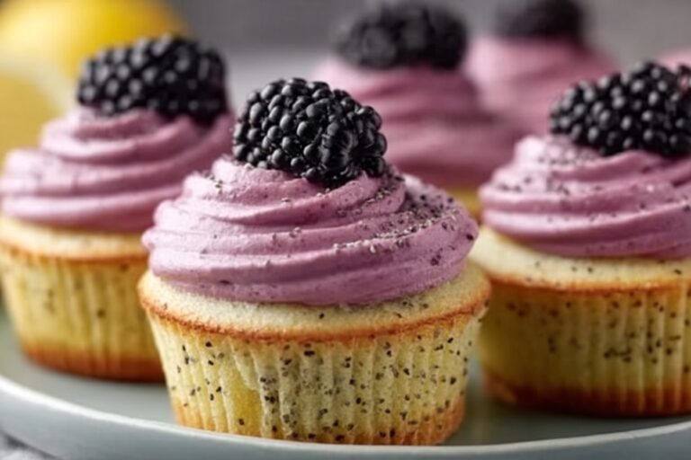 Lemon Poppy Seed Cupcakes with Blackberry Frosting featured