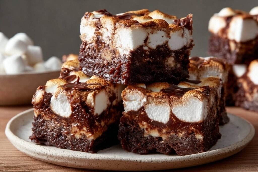 Vanilla Marshmallows Crunch Brownies with Peanut Butter Rice Krispies featured