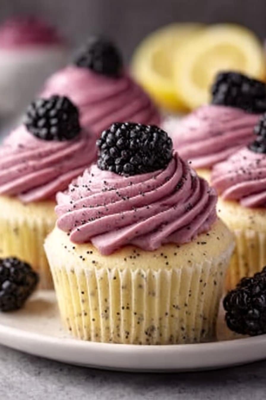 Lemon Poppy Seed Cupcakes with Blackberry Frosting serving