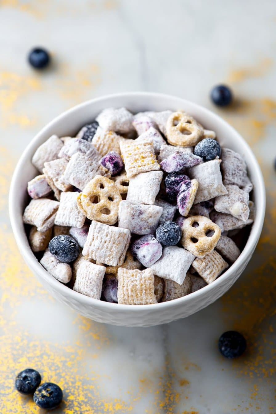 Blueberry Lemon Cheesecake Puppy Chow serving