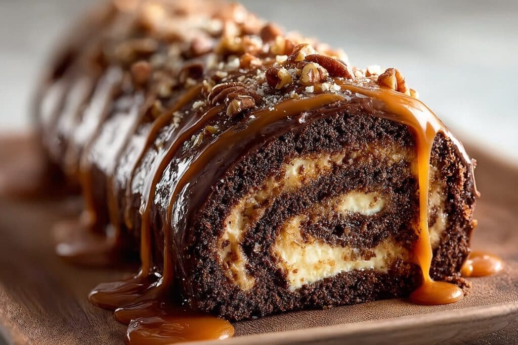 Turtle Caramel Chocolate Cake Roll featured