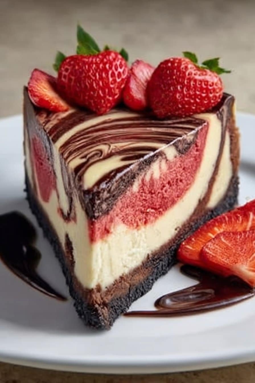 Chocolate Strawberry Swirl Cheesecake serving