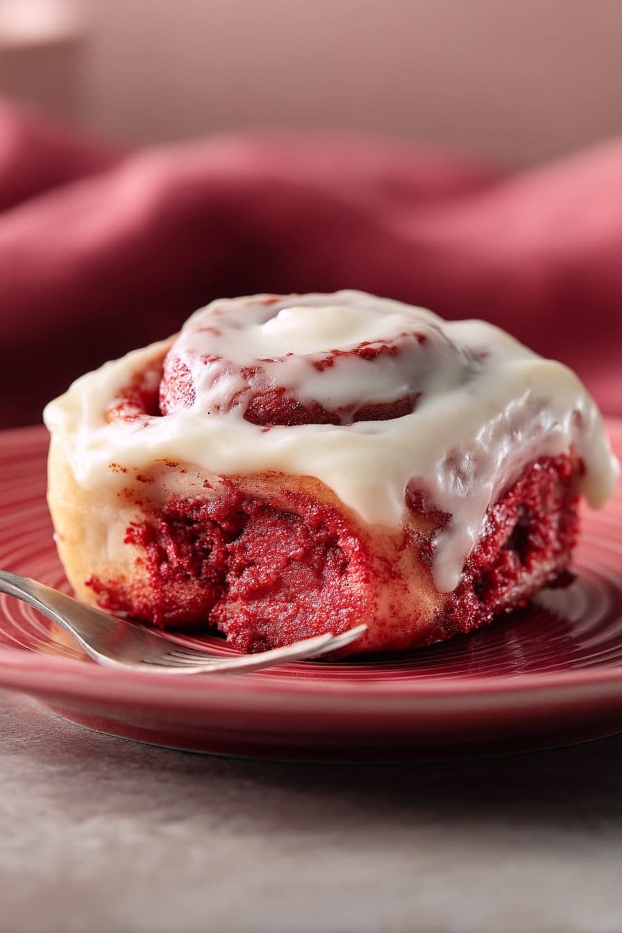 Red Velvet Cinnamon Rolls serving