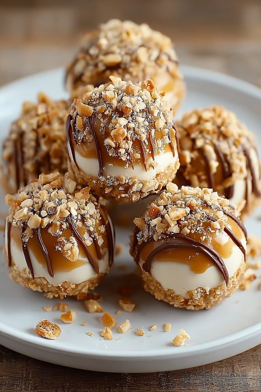 Salted Caramel Pretzel Cheesecake Balls serving