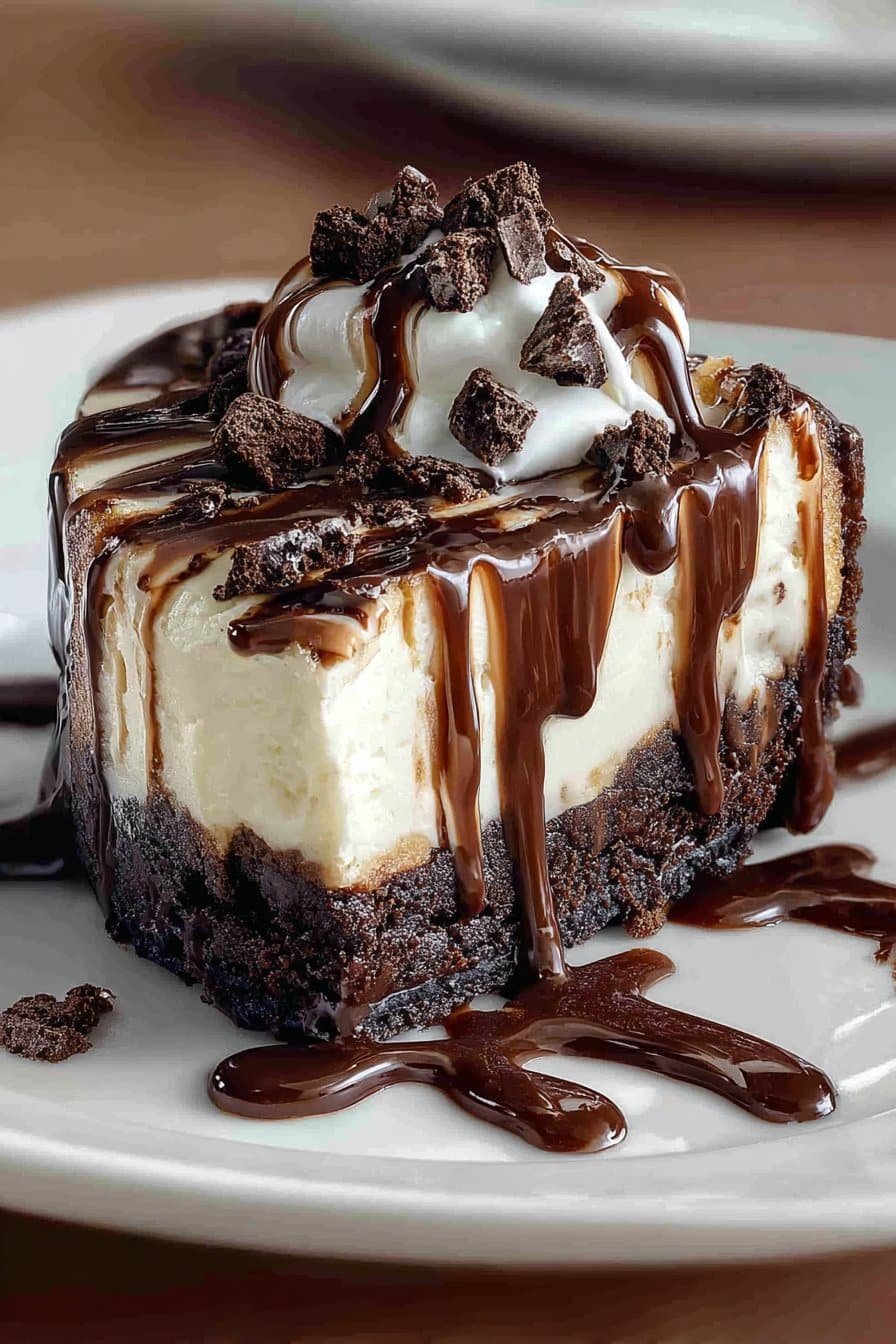 Hot Fudge Sundae Brownie Cheesecake serving