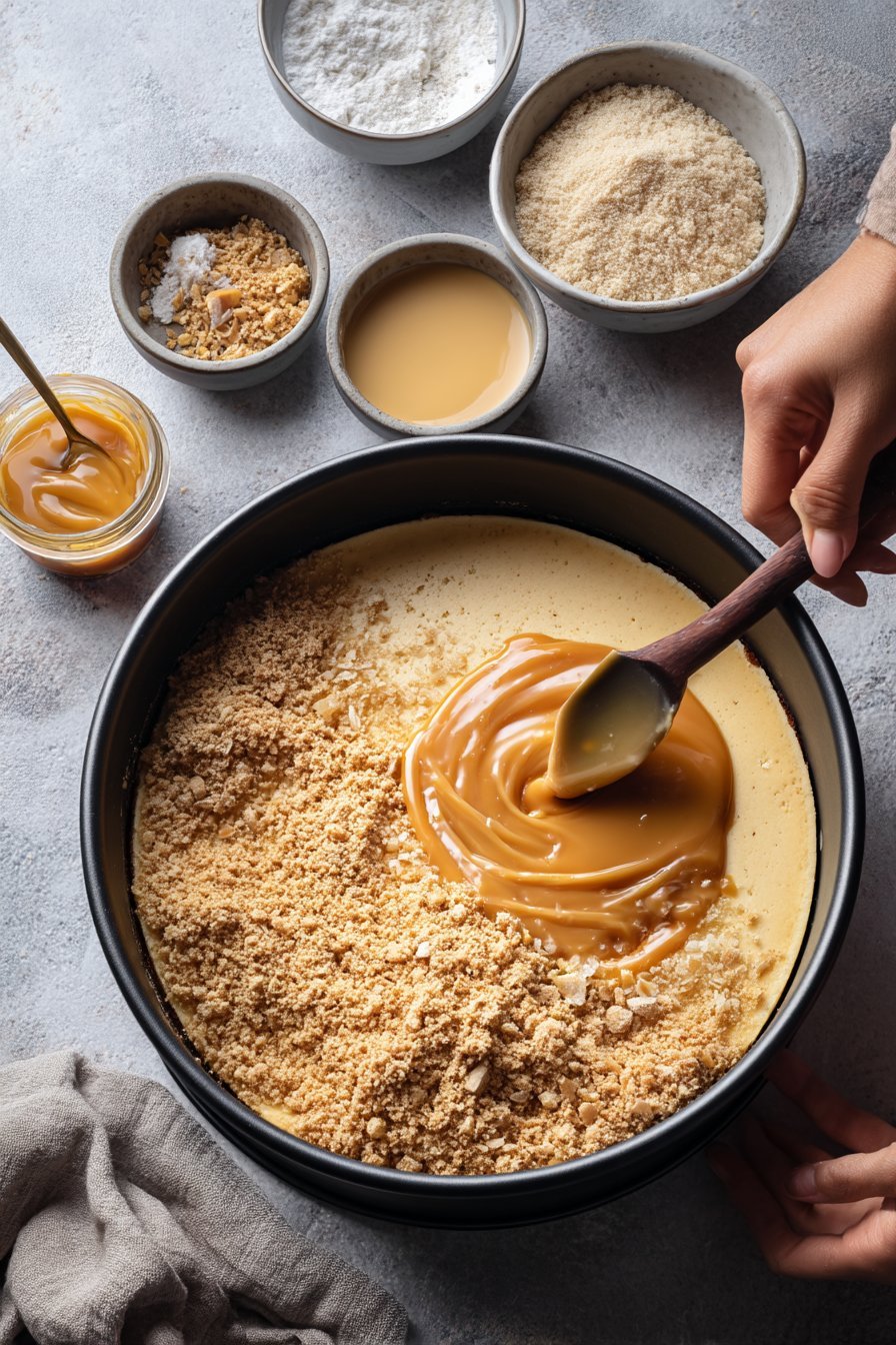 Caramel Toffee Crunch Cheesecake instructions process