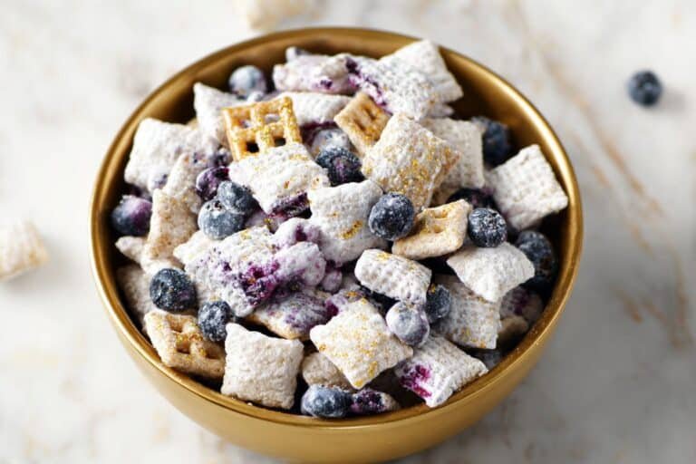 Blueberry Lemon Cheesecake Puppy Chow featured