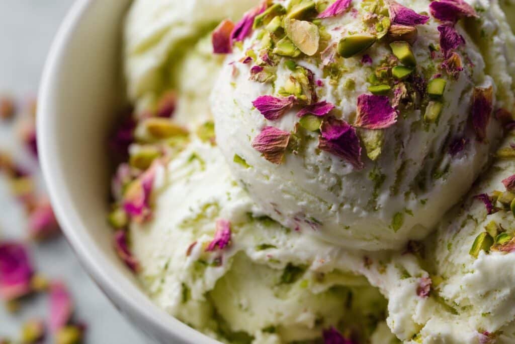 Rose Pistachio Cheesecake Ice Cream featured