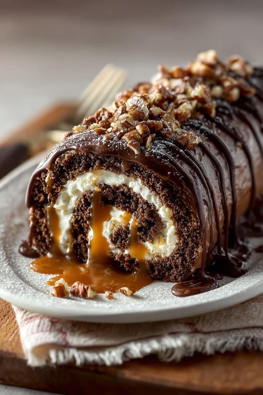Turtle Caramel Chocolate Cake Roll serving