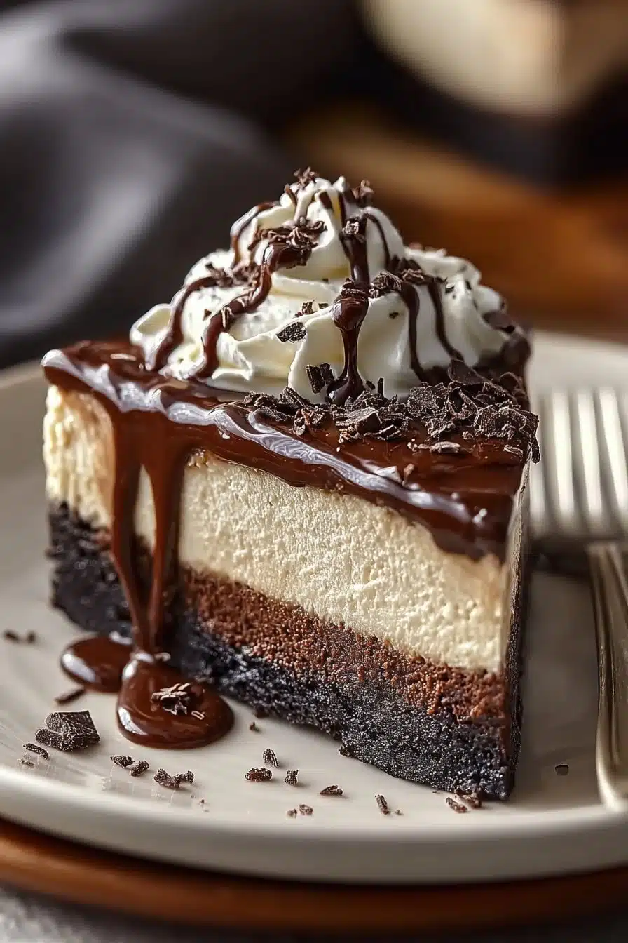 Decadent Brownie Bottom Cheesecake serving