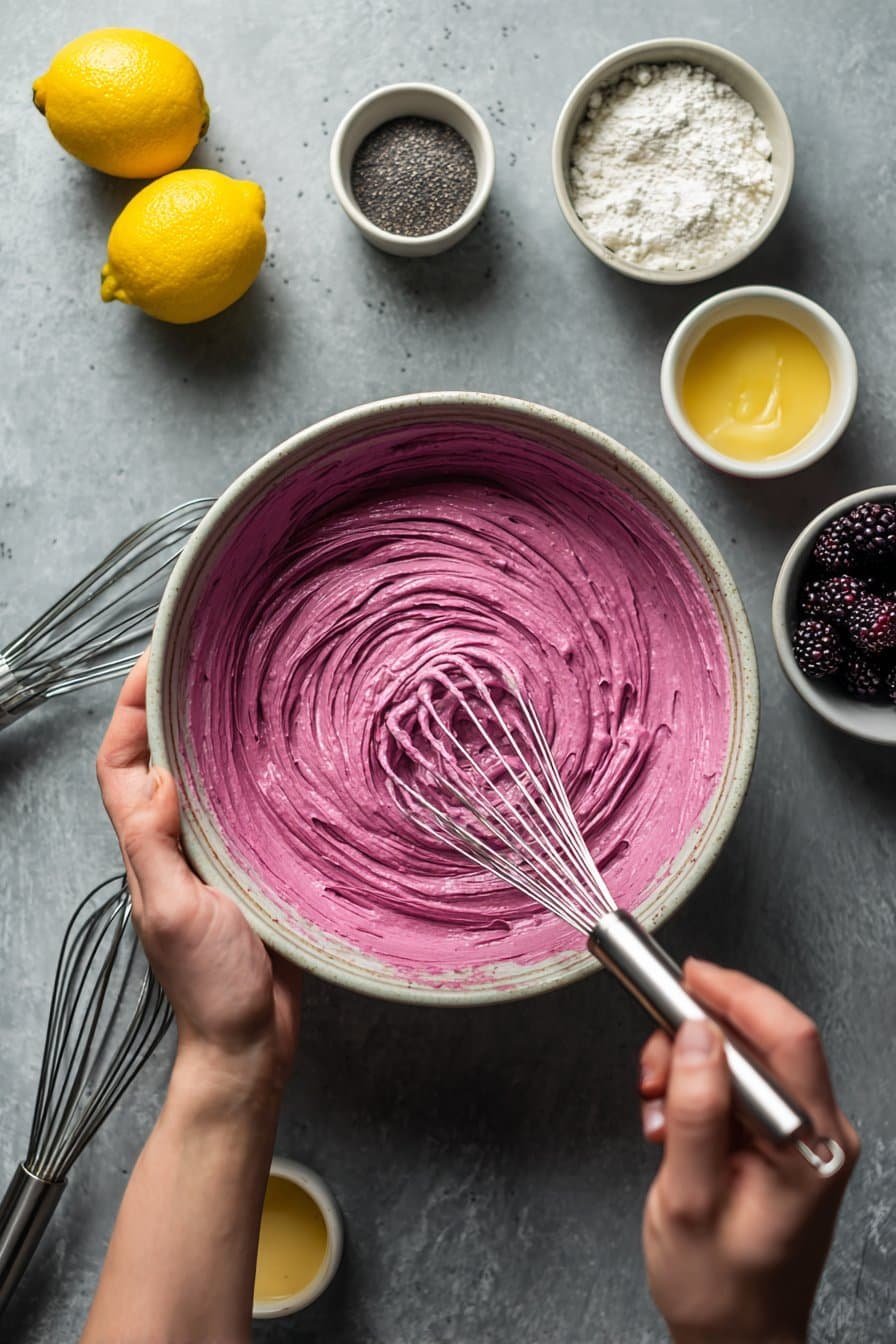 Lemon Poppy Seed Cupcakes with Blackberry Frosting instructions process