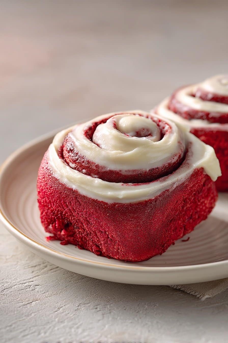 Red Velvet Cinnamon Rolls serving