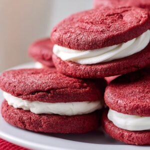 Red Velvet Sandwich Cookies recipe card
