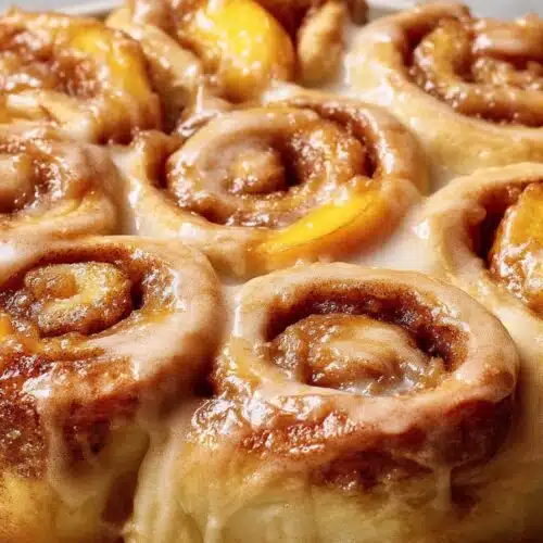 Peach Cobbler Cinnamon Rolls recipe card