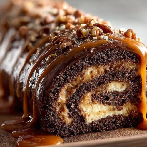 Turtle Caramel Chocolate Cake Roll recipe card