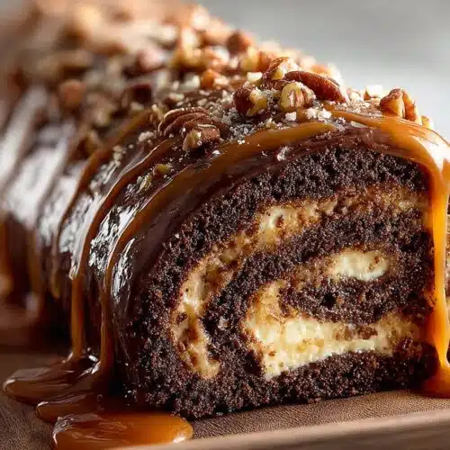Turtle Caramel Chocolate Cake Roll recipe card