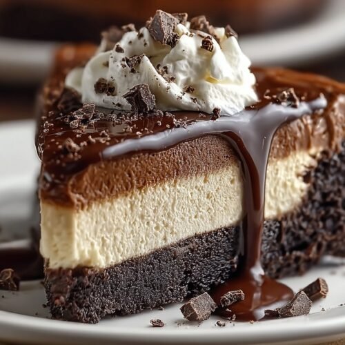 Decadent Brownie Bottom Cheesecake recipe card