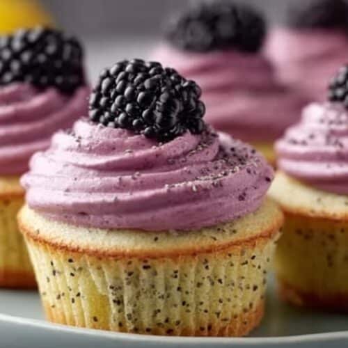 Lemon Poppy Seed Cupcakes with Blackberry Frosting recipe card