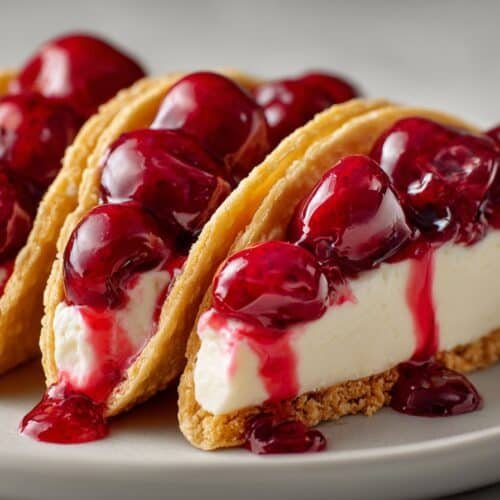 Mini Cherry Cheesecake Tacos recipe card