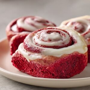 Red Velvet Cinnamon Rolls recipe card