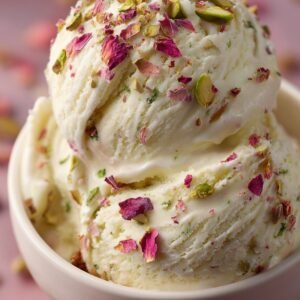Rose Pistachio Cheesecake Ice Cream recipe card