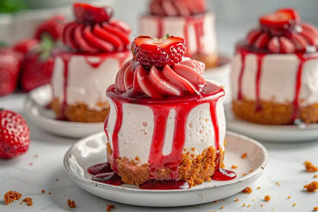 No-Bake Strawberry Swirl Mini Cheesecakes featured