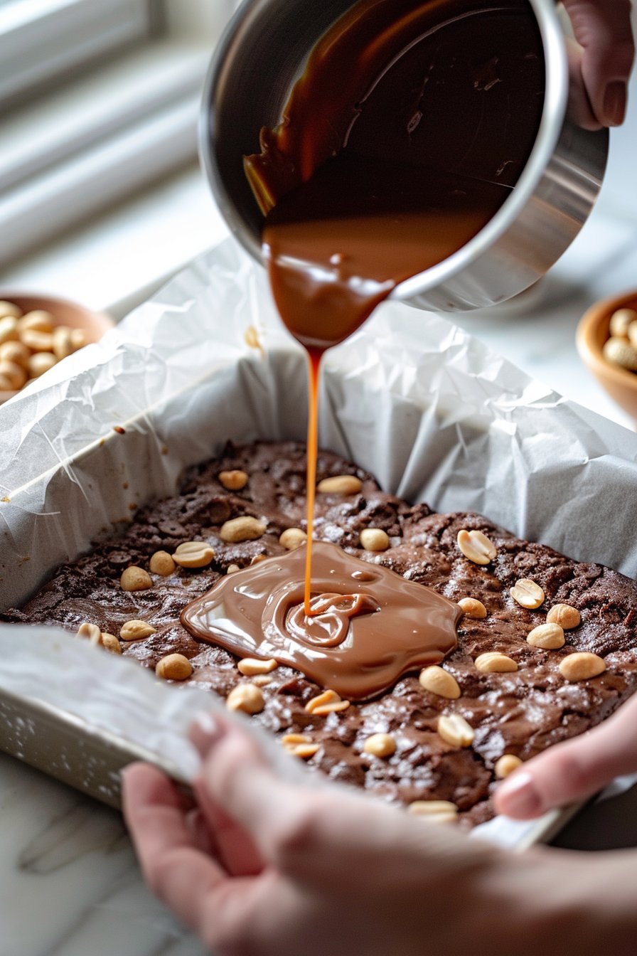 Homemade Snickers Cheesecake Bars process image