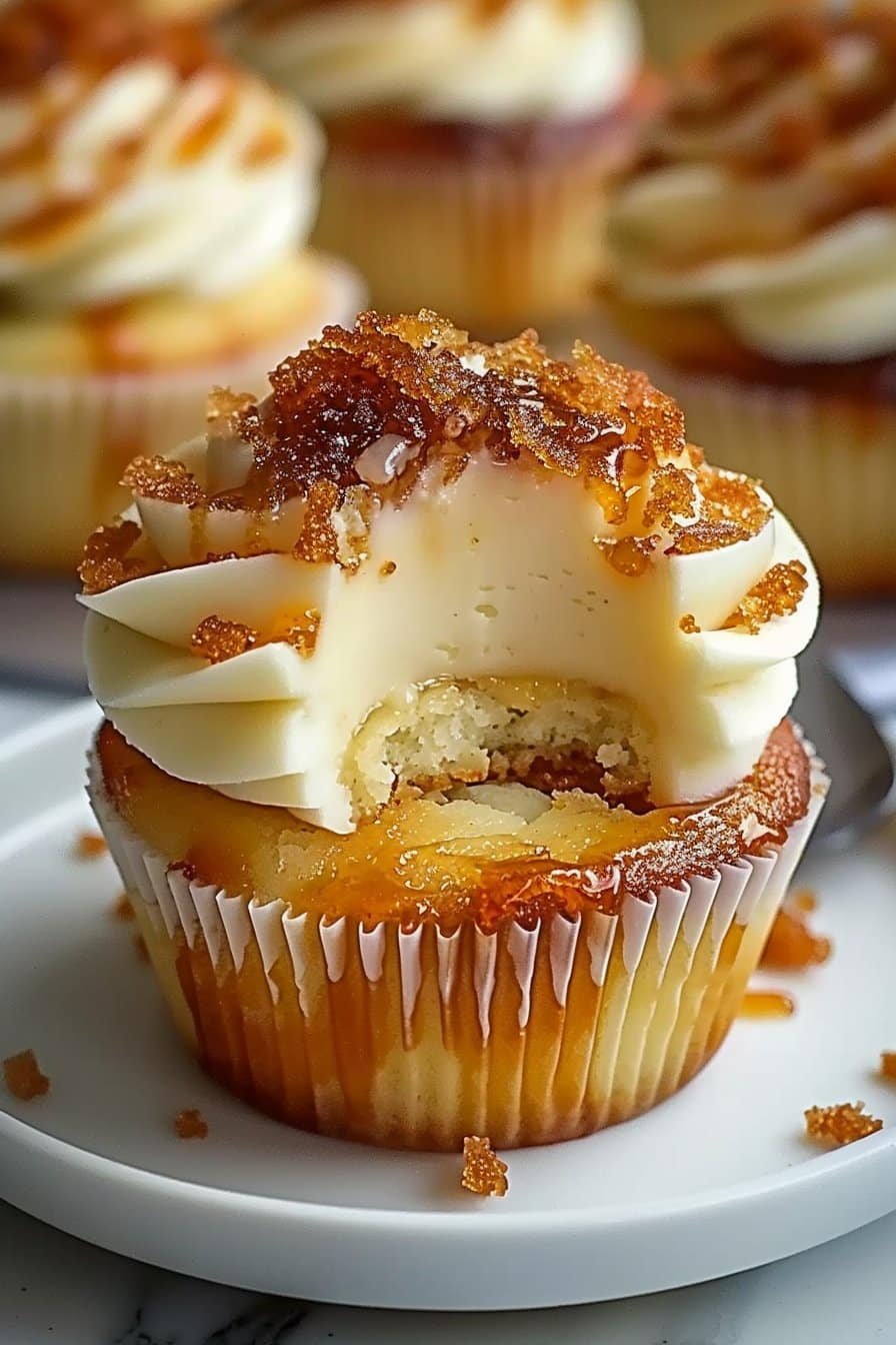 Decadent Vanilla Bean Crème Brûlée Cheesecake Cupcakes serving