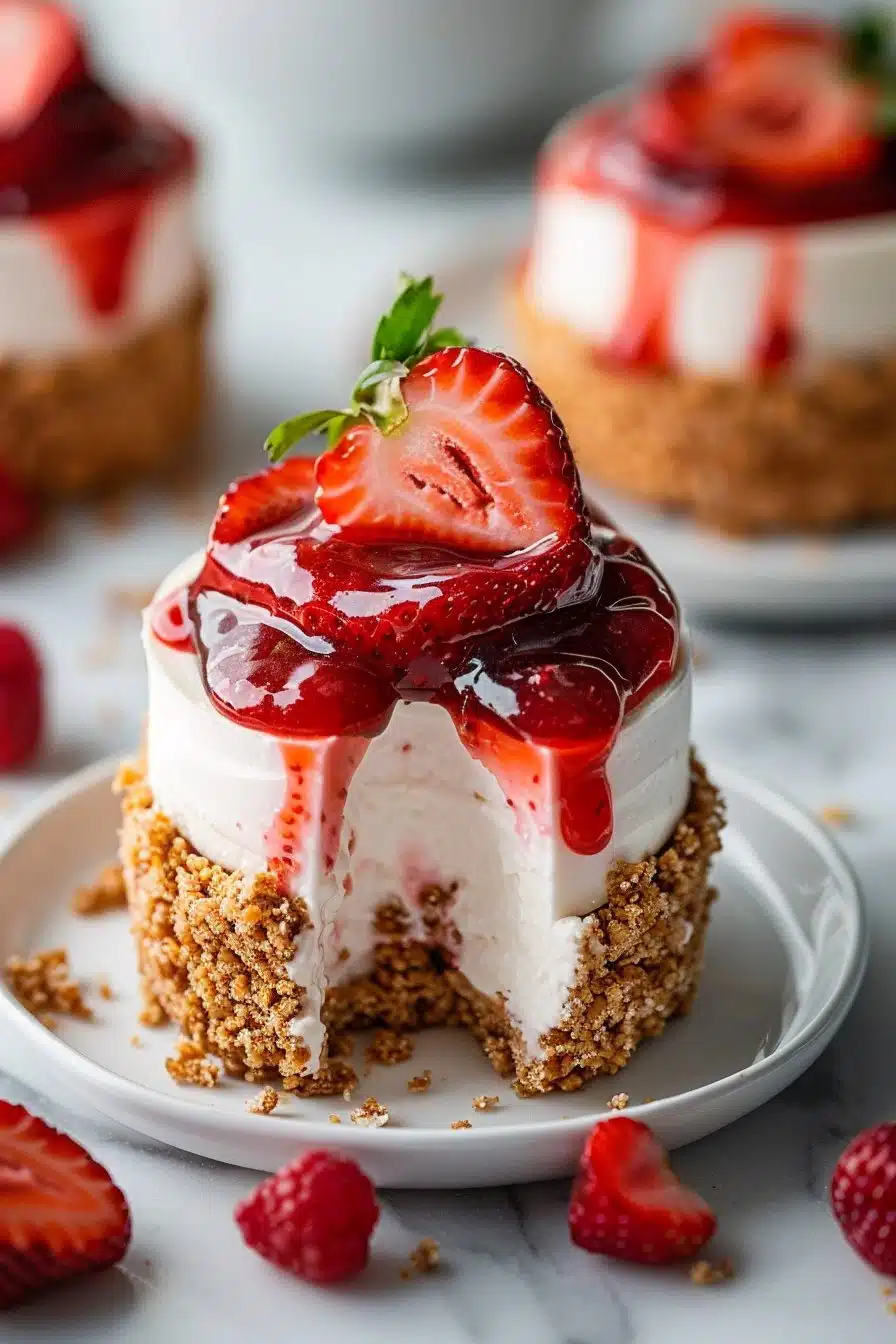 No-Bake Strawberry Swirl Mini Cheesecakes serving
