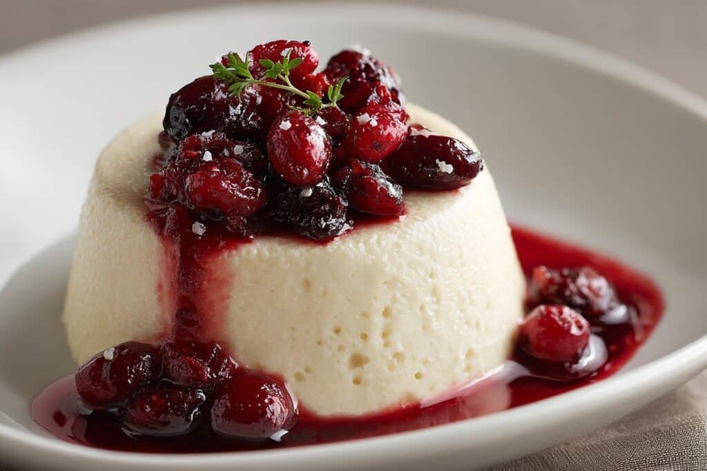 Eggnog Panna Cotta With Spiked Cranberry Sauce featured