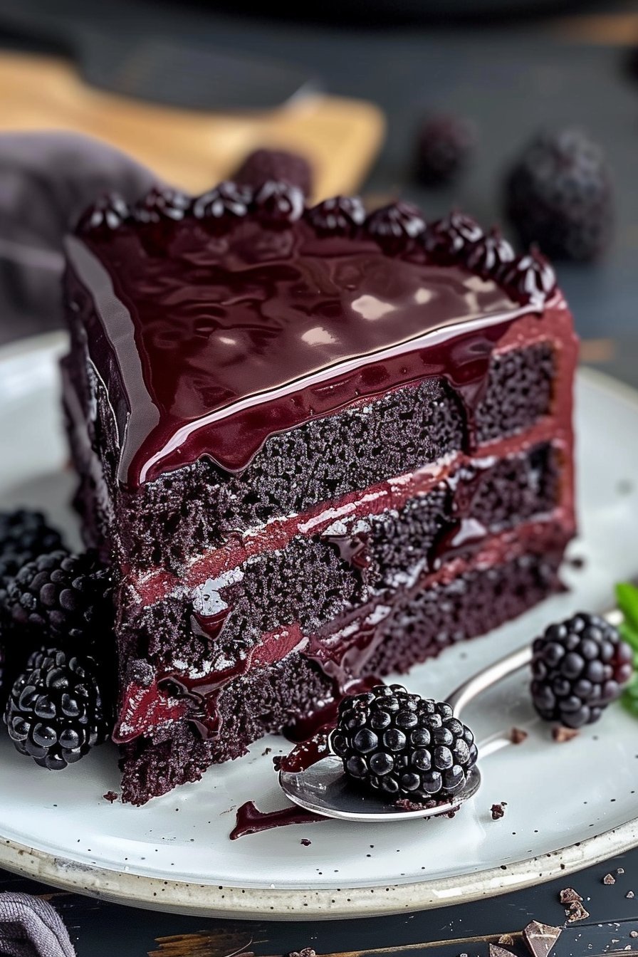 Decadent Blackberry Velvet Gothic Cake serving image