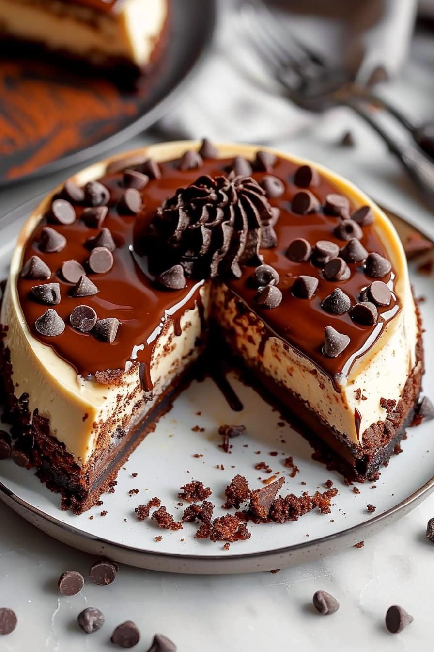 Decadent Brownie Bottom Chocolate Chip Cheesecake Bliss serving image