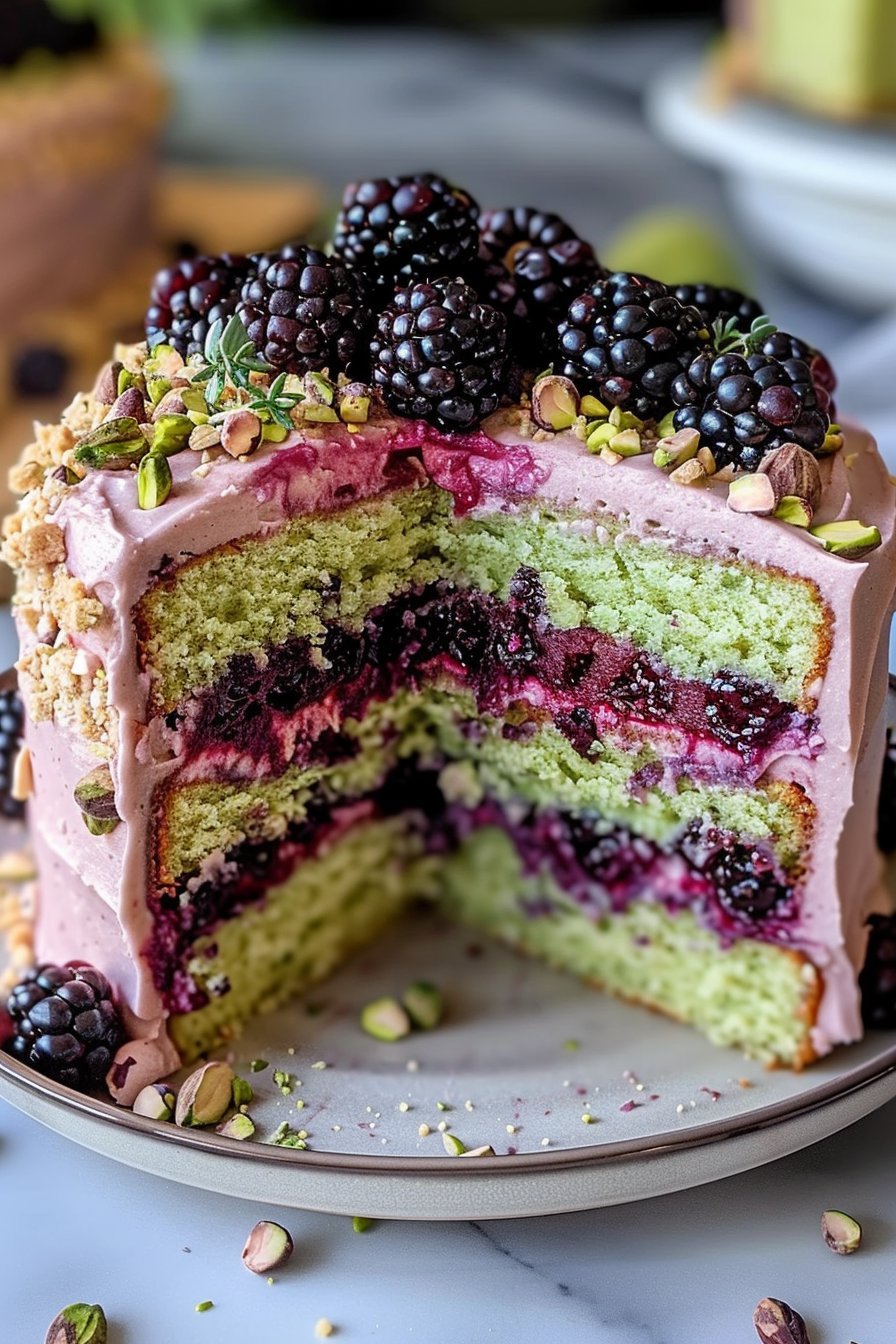 Pistachio and Blackberry Olive Oil Cake for a Flavorful Treat serving image