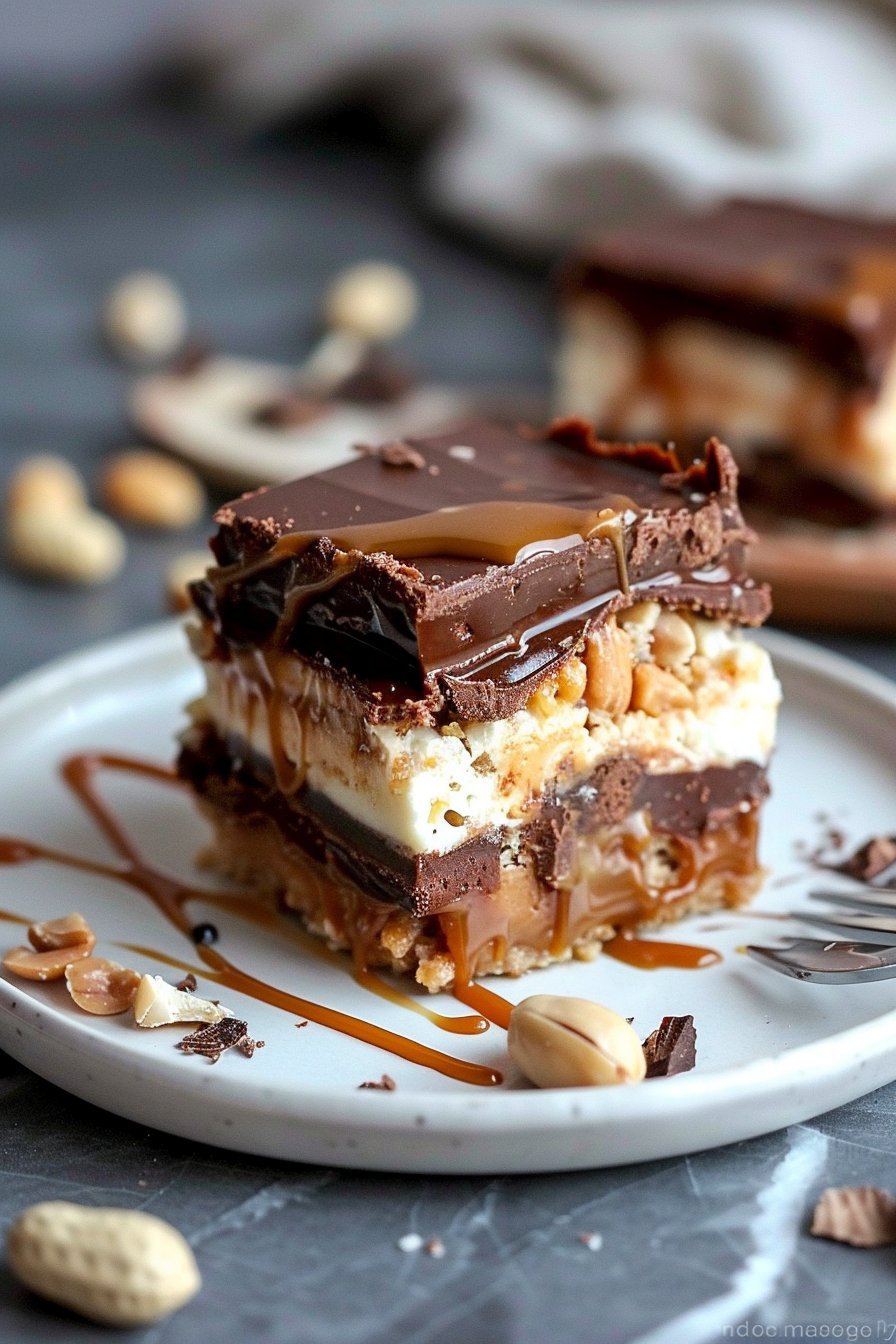 Homemade Snickers Cheesecake Bars serving image