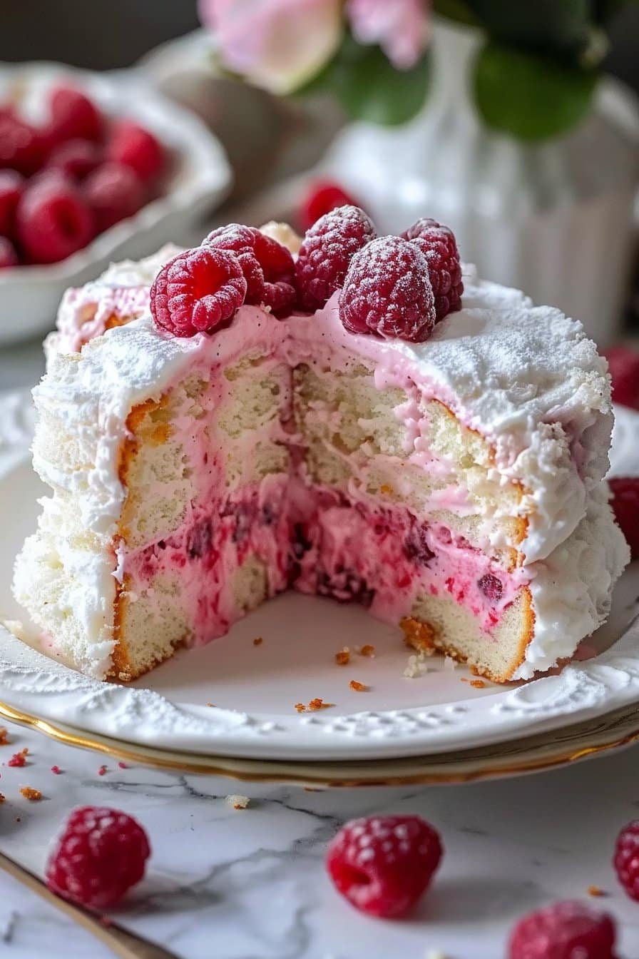 Raspberry Angel Food Cake: A Light and Fruity Dessert Delight - Things Cook serving image