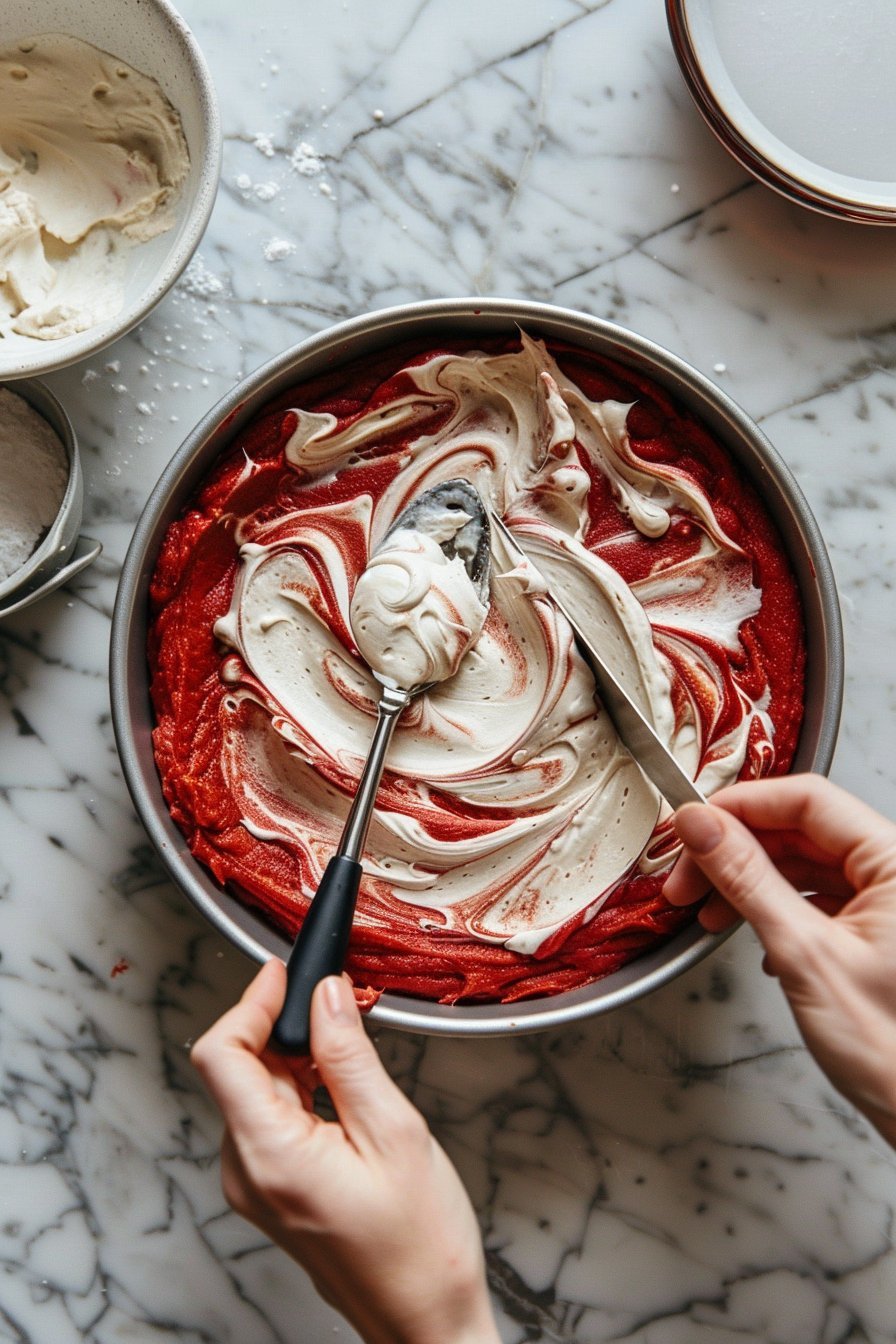 Red Velvet Cheesecake Swirl Cake process image