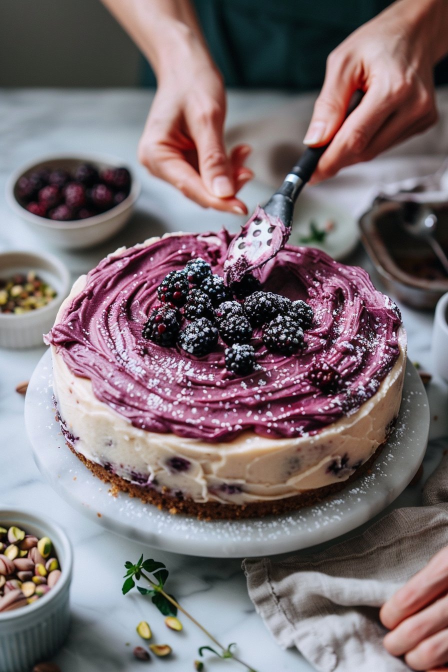 Pistachio and Blackberry Olive Oil Cake for a Flavorful Treat process image
